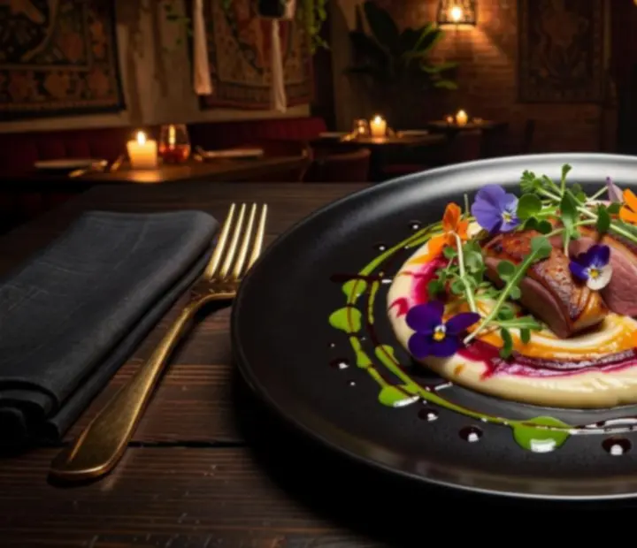 Umělecky servírované fine dining jídlo v pražské restauraci Silqoravo se zlatými detaily a garnetovým nádechem.