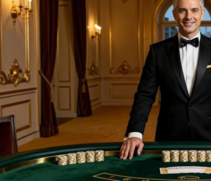 Profesionální krupiér v elegantním obleku u herního stolu