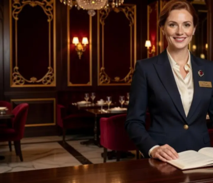 Hosteska Silqoravo vítající hosty u vstupu do restaurace a salonu