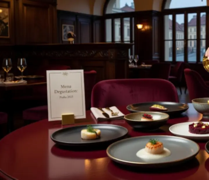 Elegantně servírované degustační menu Silqoravo s párovanými sklenkami vína v tmavém garnetovém interiéru.